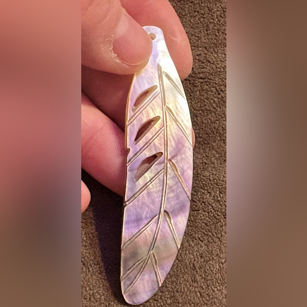 Iridescent Mother of Pearl Feather Pendant - 3 inches x 3/4 inches - NEW!